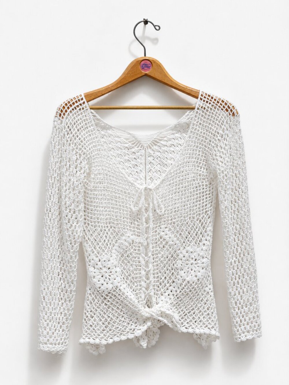 White Crochet Tie-Front Open Knit Cardigan Top